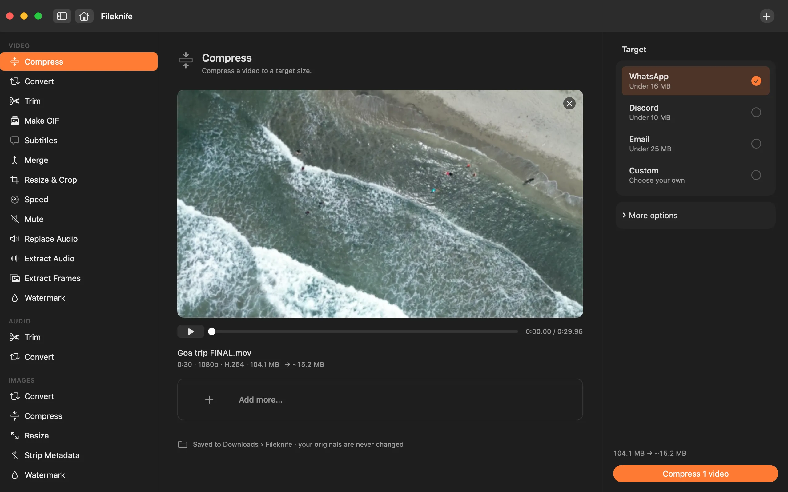 Fileknife compressing Goa trip FINAL.mov with the WhatsApp preset selected — an estimate of 104 MB to about 15 MB.