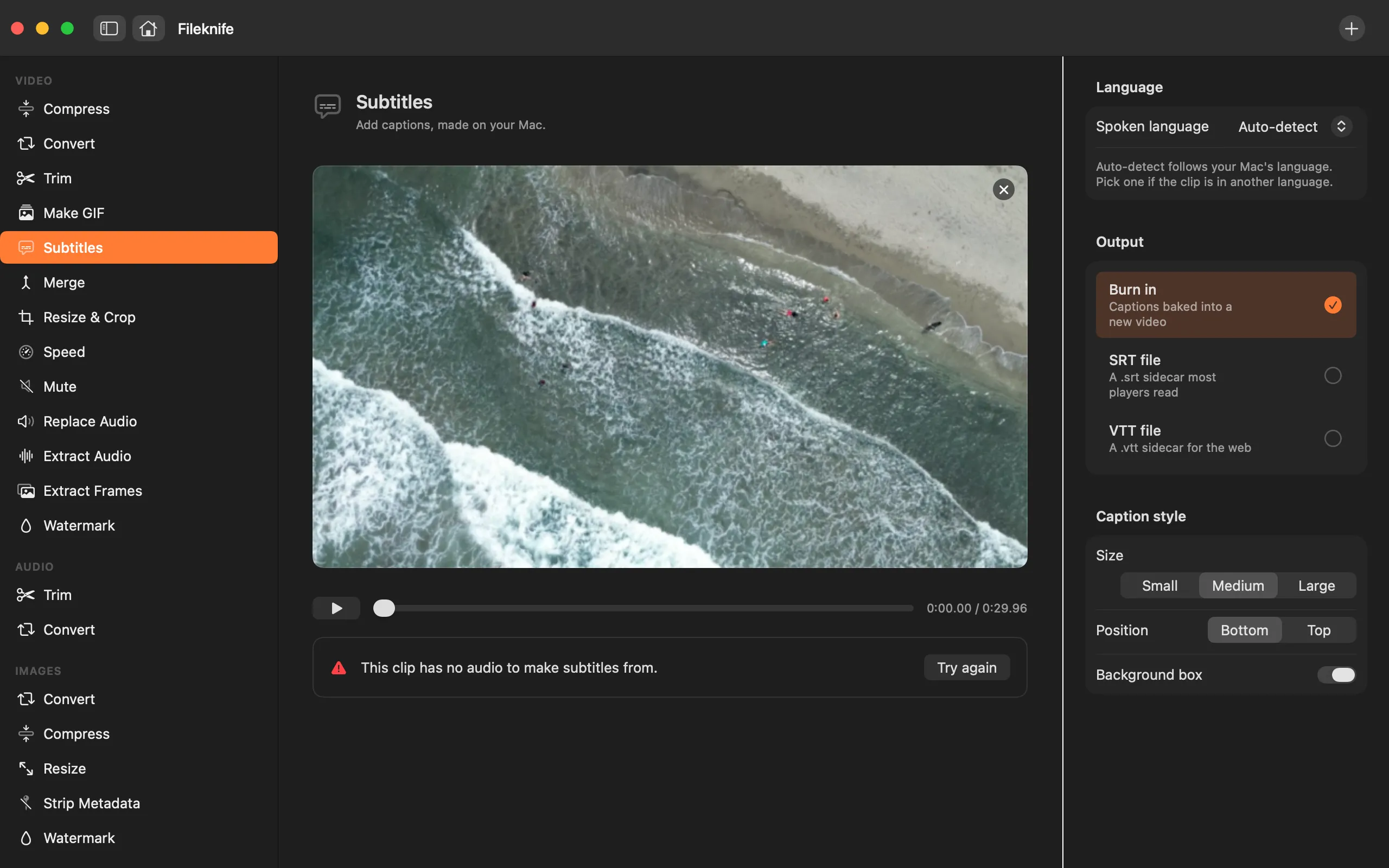 Fileknife adding subtitles to a video: the preview on top and an editable, timestamped caption list beneath.