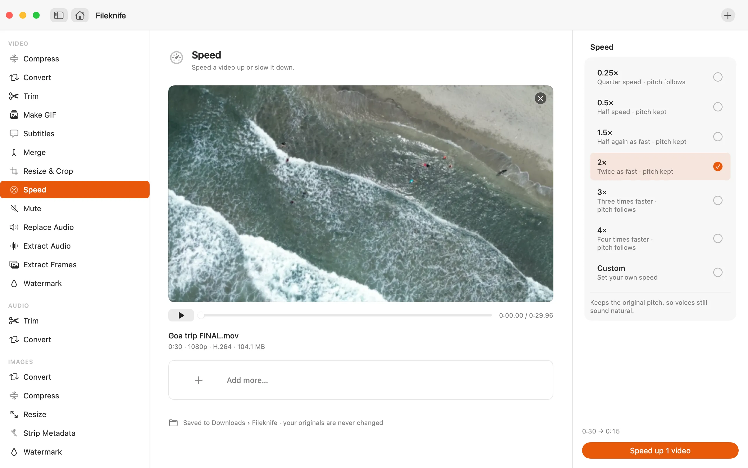 Fileknife showing Change Video Speed.
