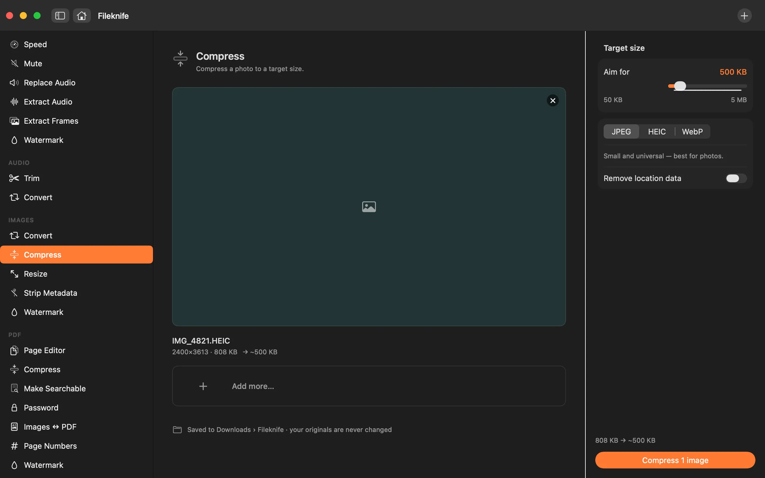 Fileknife compressing a photo to a target size, showing the before and after file size.