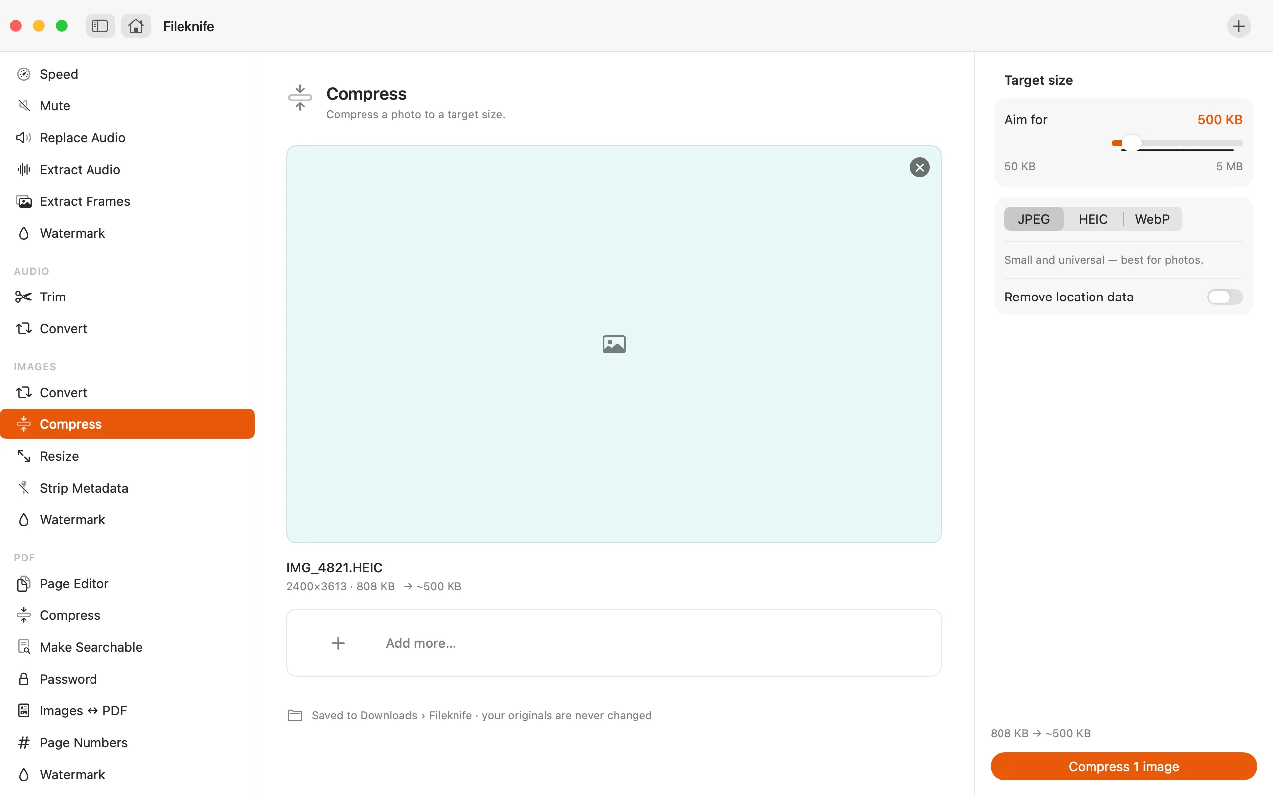 Fileknife compressing a photo to a target size, showing the before and after file size.