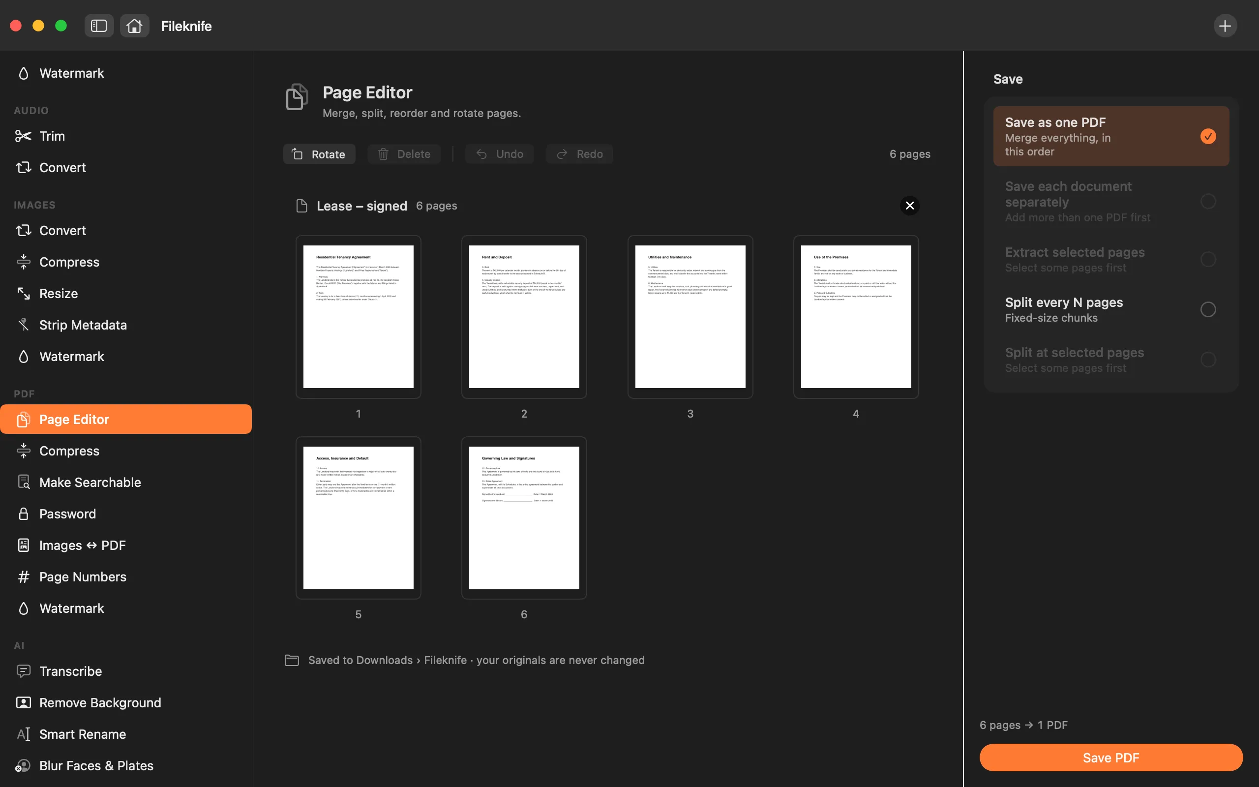 Fileknife showing a page grid across two PDFs, with several pages selected to merge into one document.