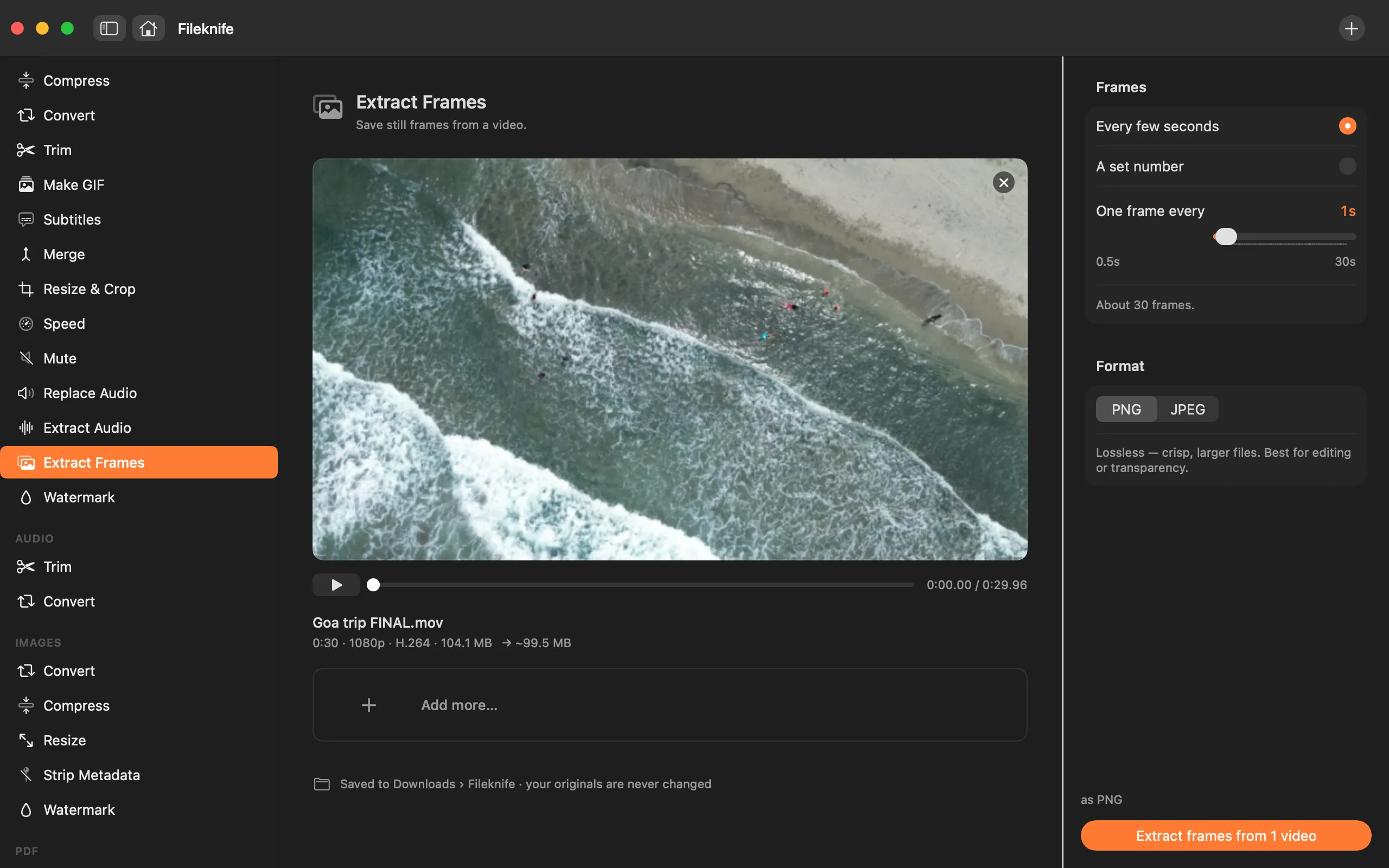 Fileknife showing Extract Video Frames.