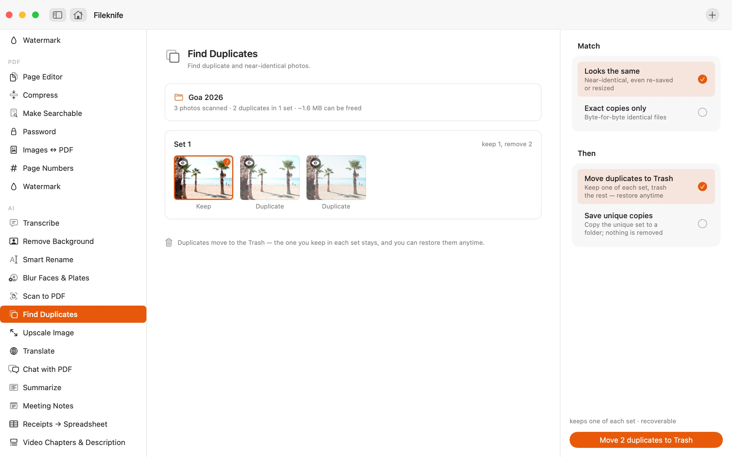 Fileknife showing Find Duplicate Photos.