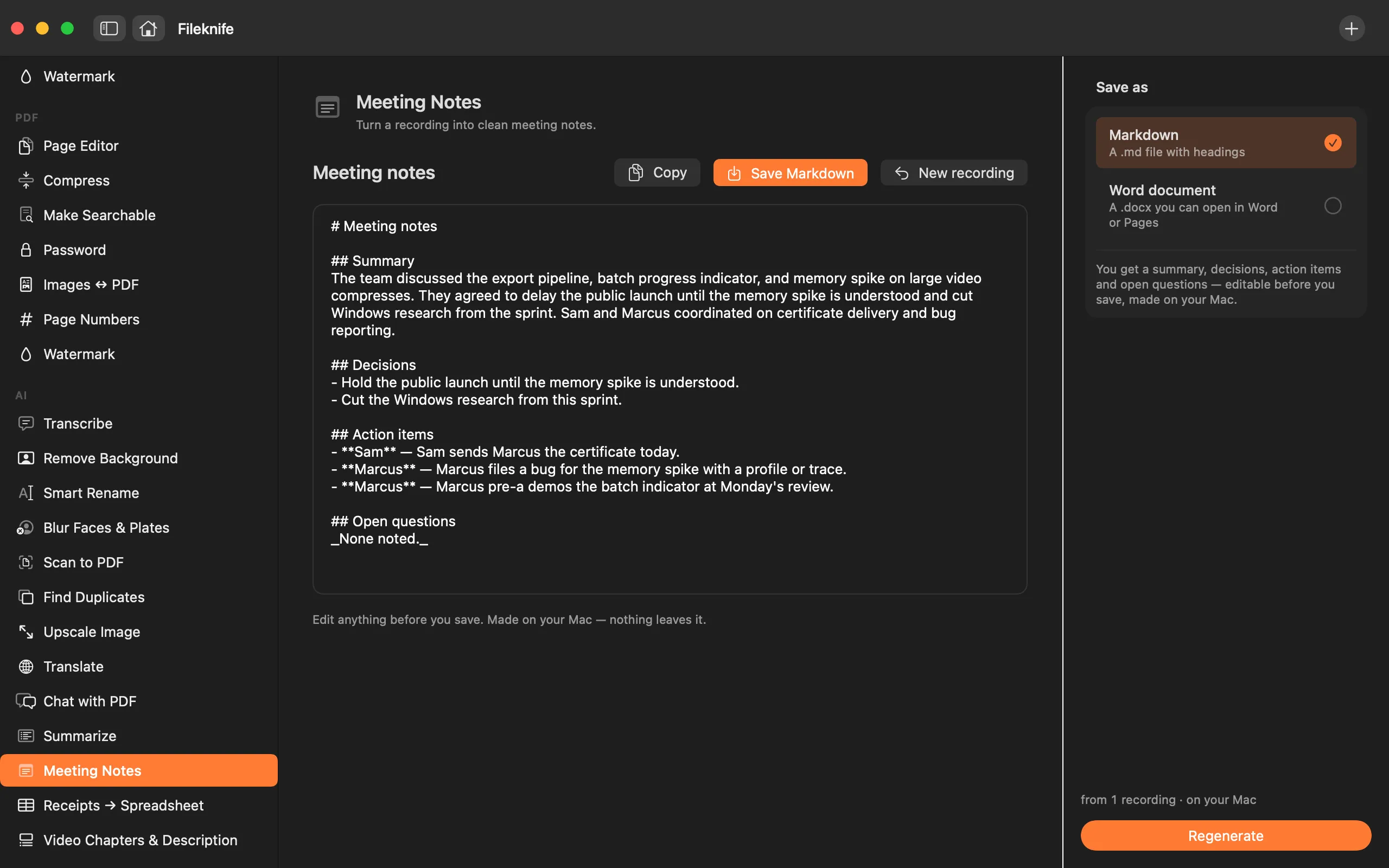 Fileknife showing Meeting Notes.
