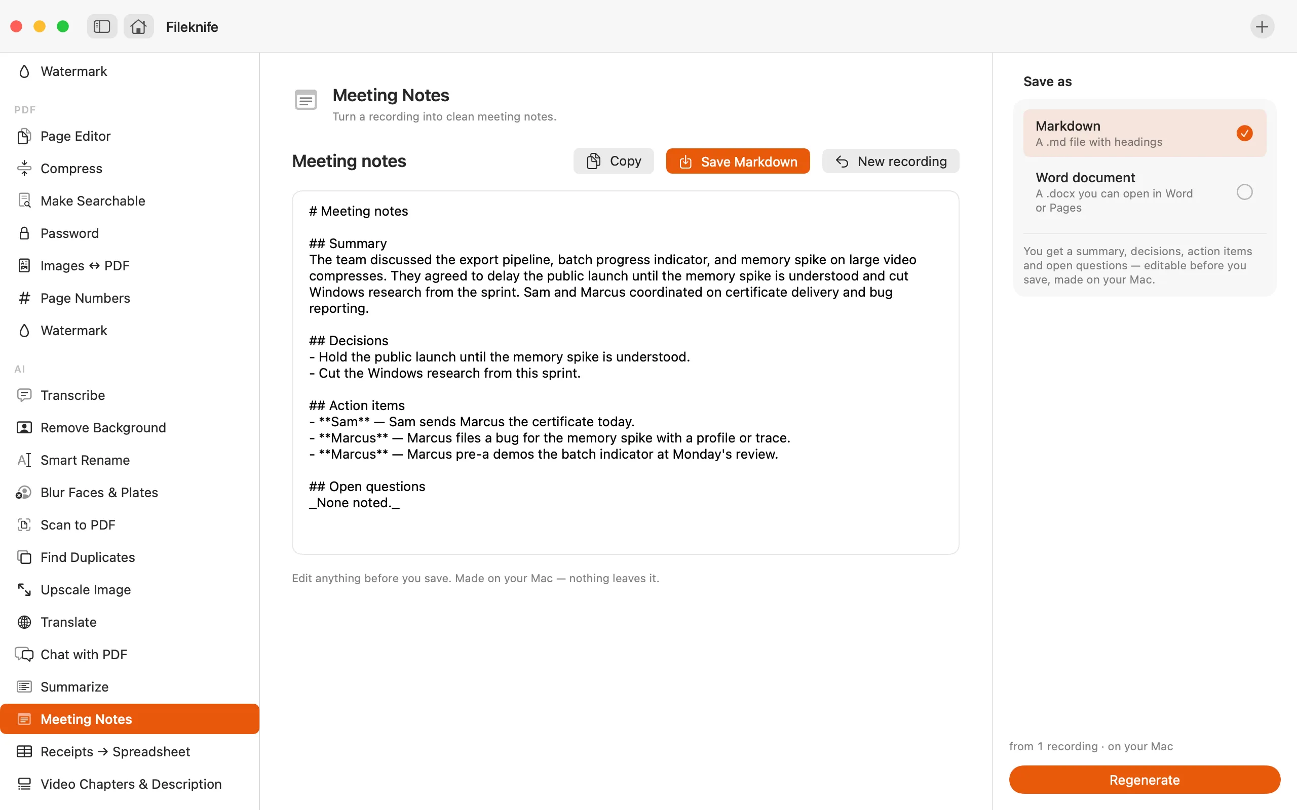 Fileknife showing Meeting Notes.