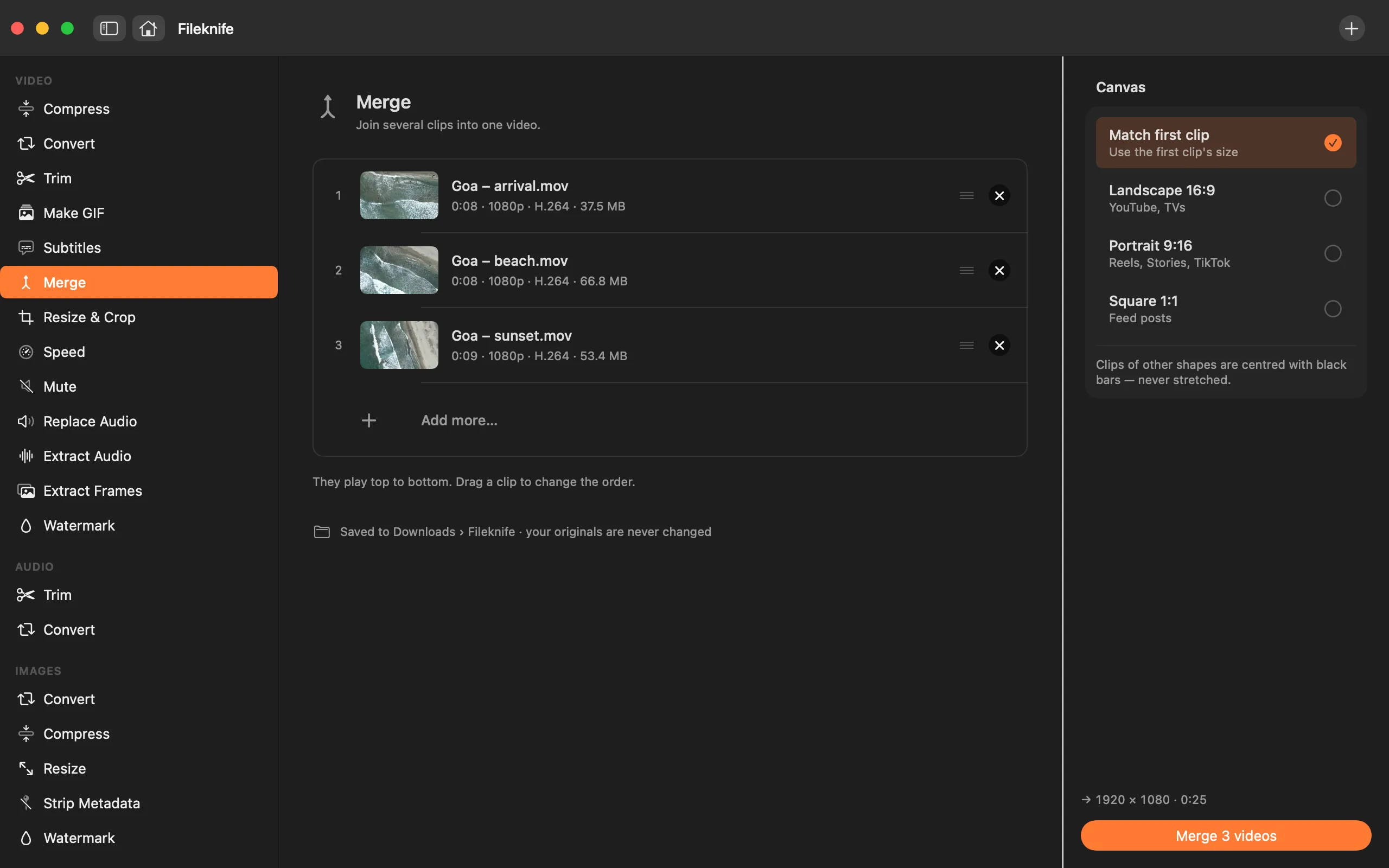Fileknife showing Merge Videos.