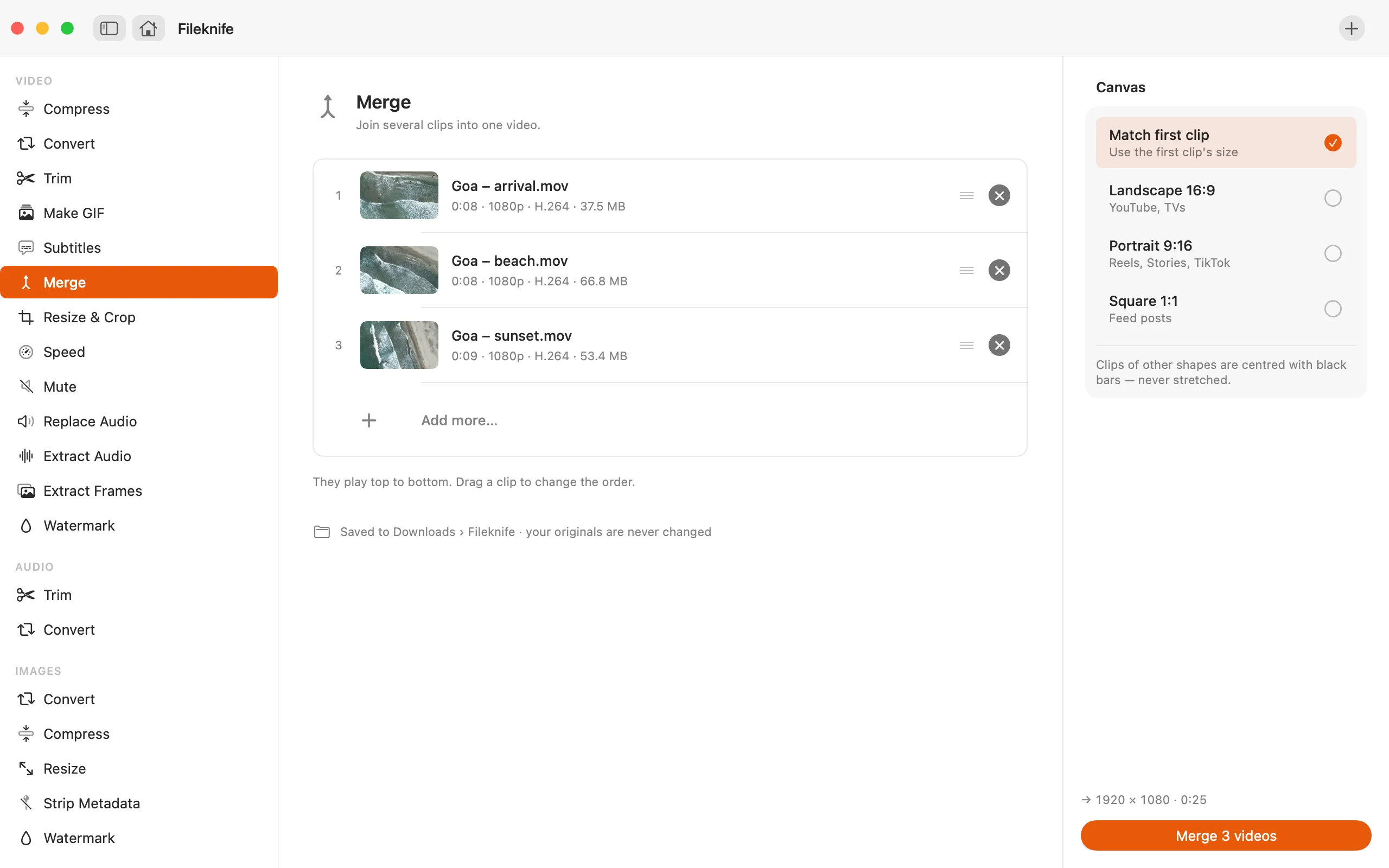 Fileknife showing Merge Videos.