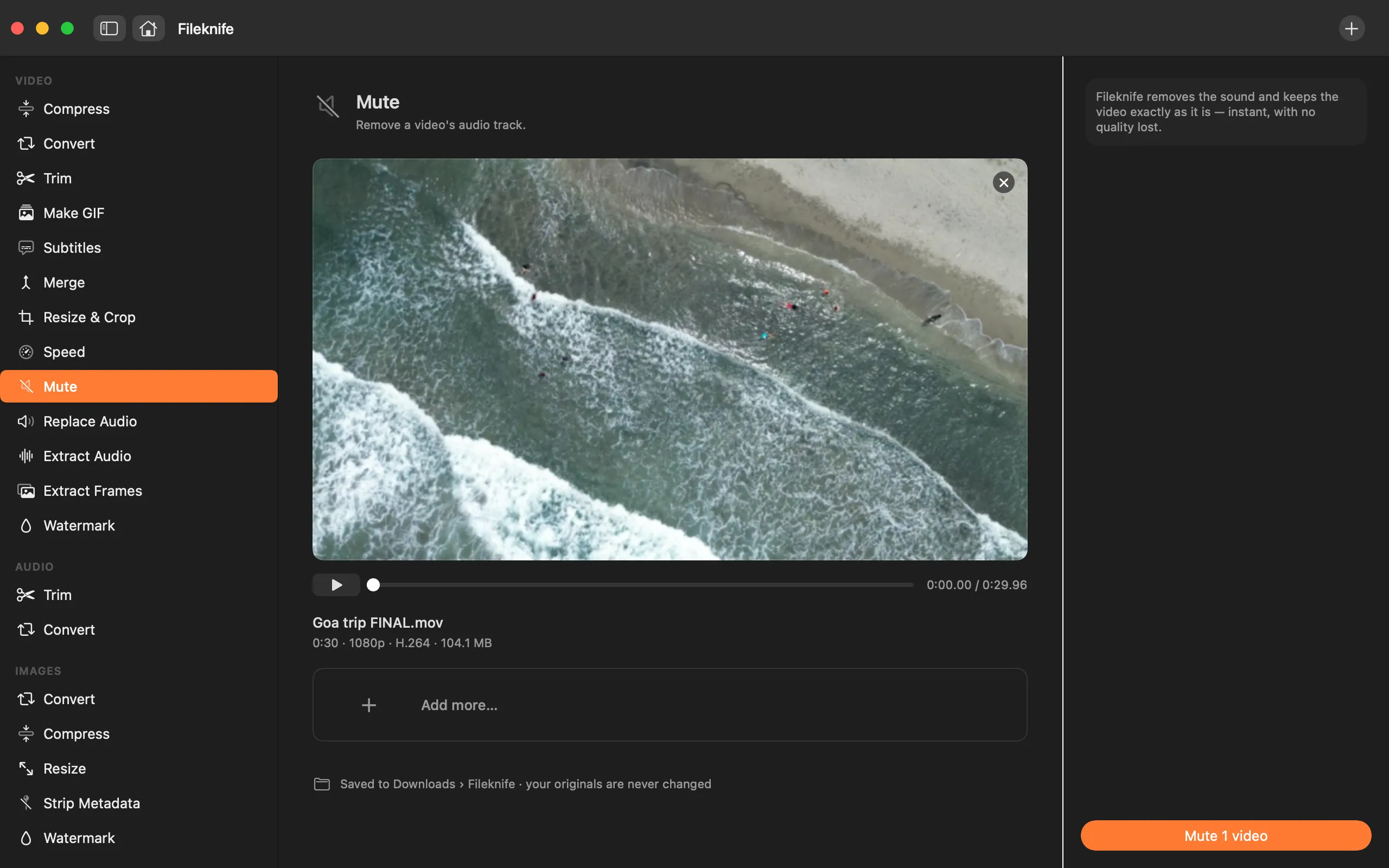 Fileknife showing Mute Video.