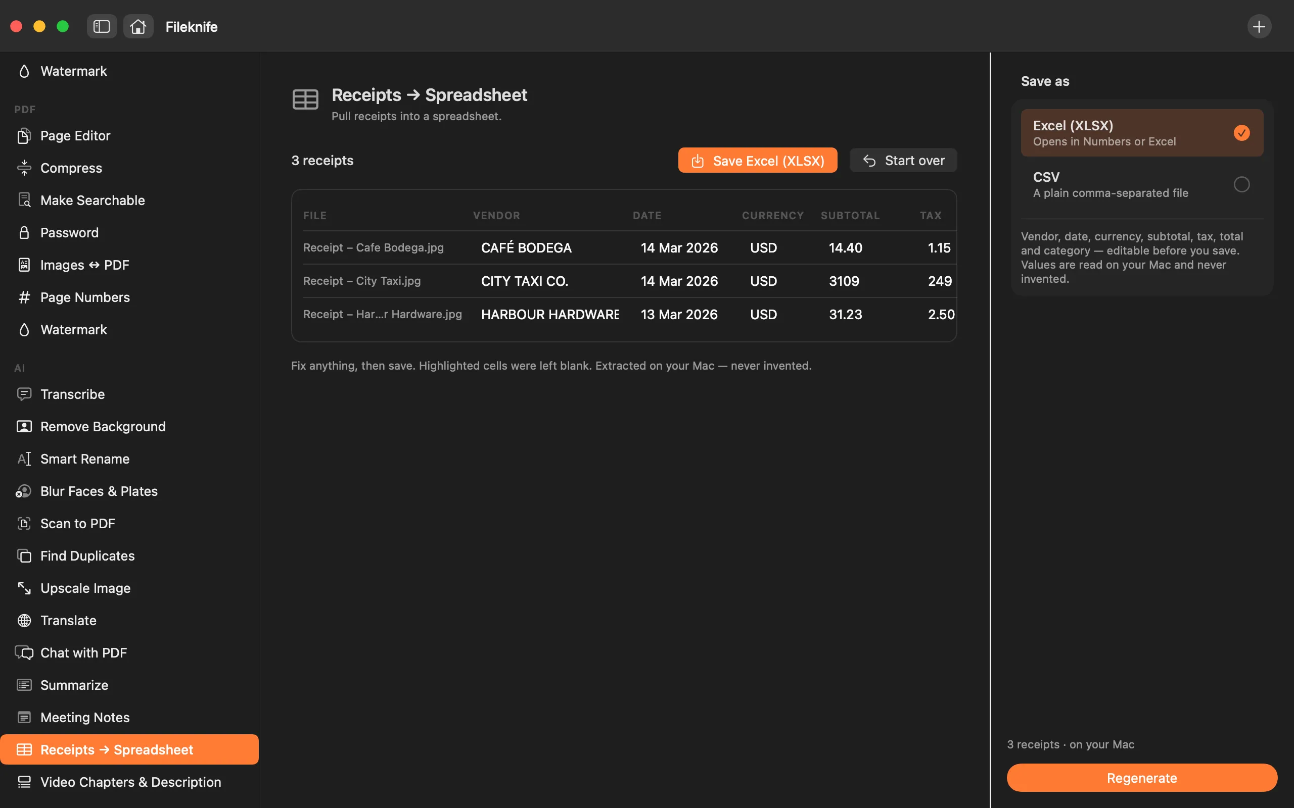 Fileknife showing Receipts → Spreadsheet.