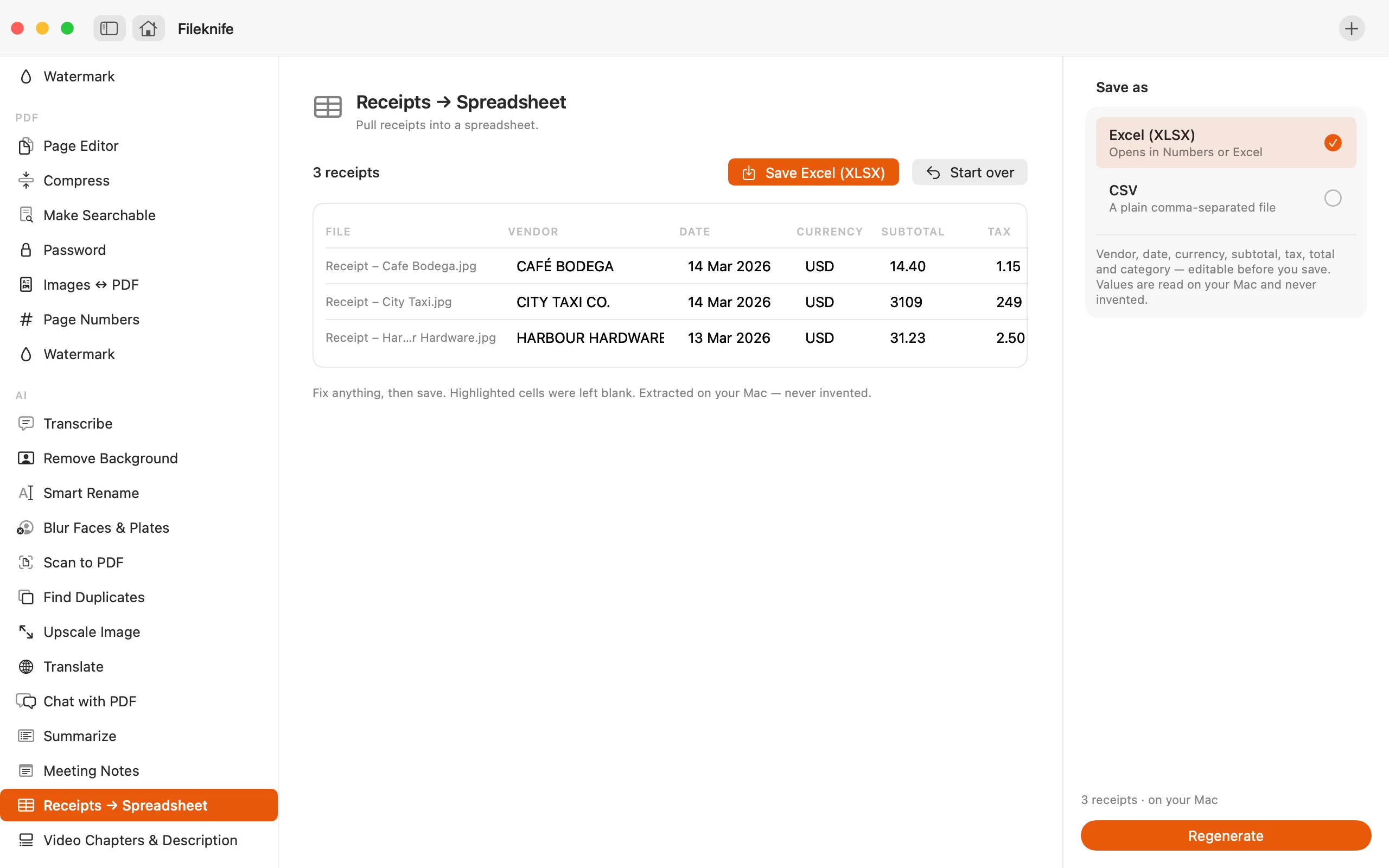 Fileknife showing Receipts → Spreadsheet.