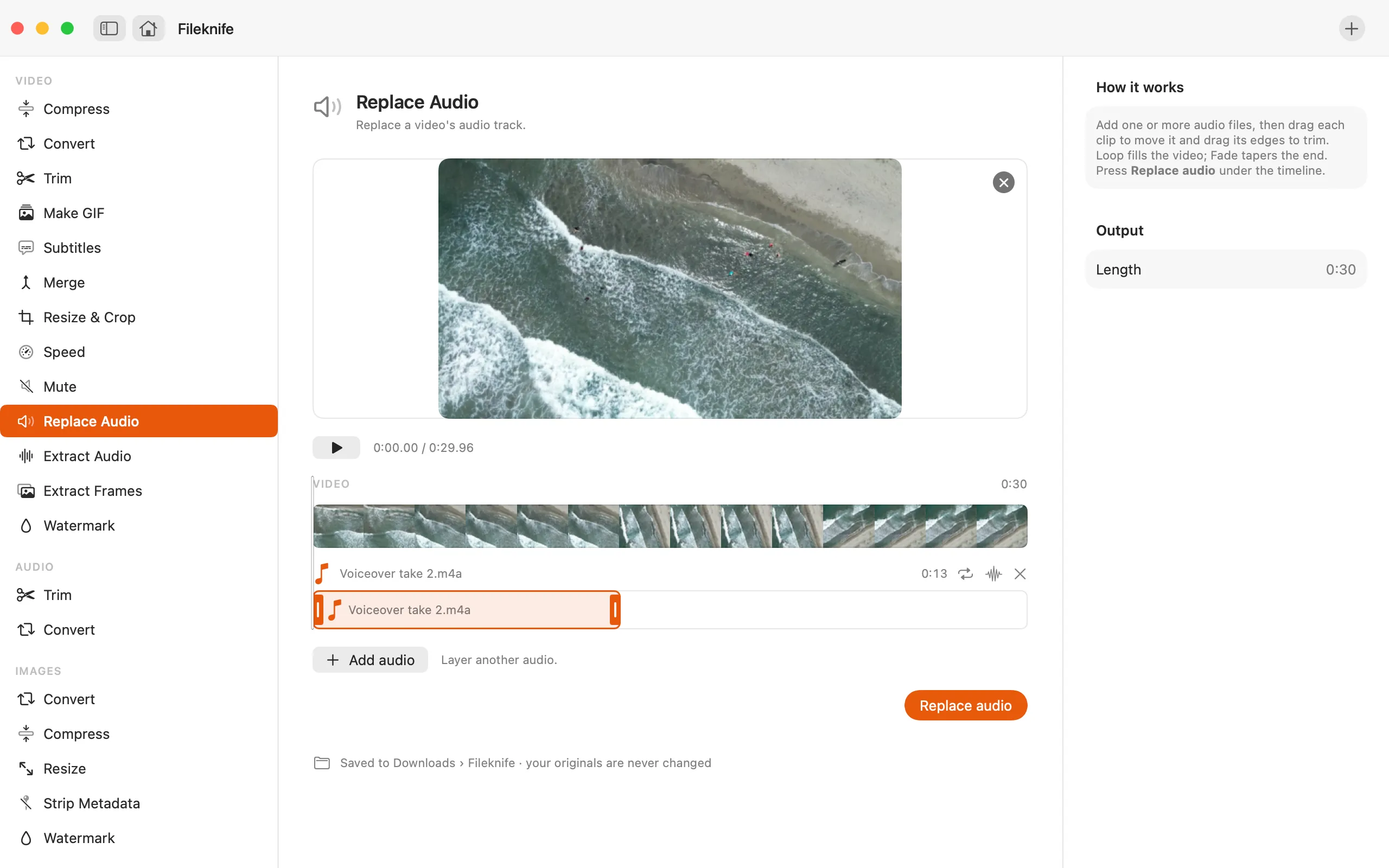 Fileknife showing Replace Video Audio.
