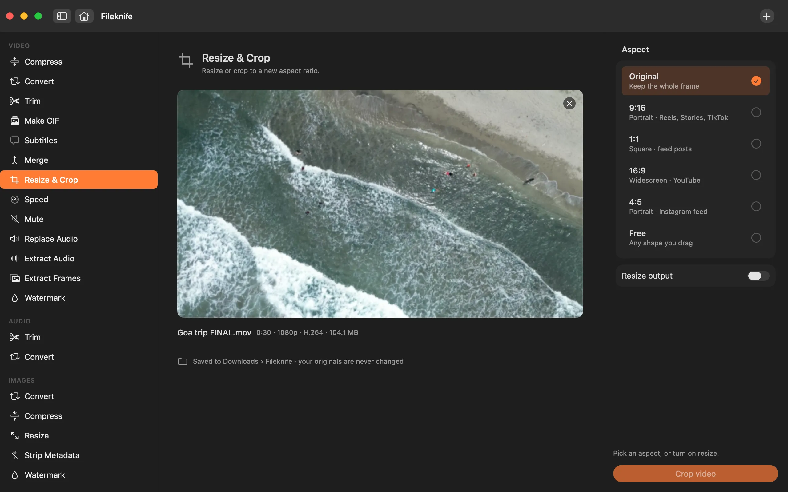 Fileknife showing Resize & Crop Video.