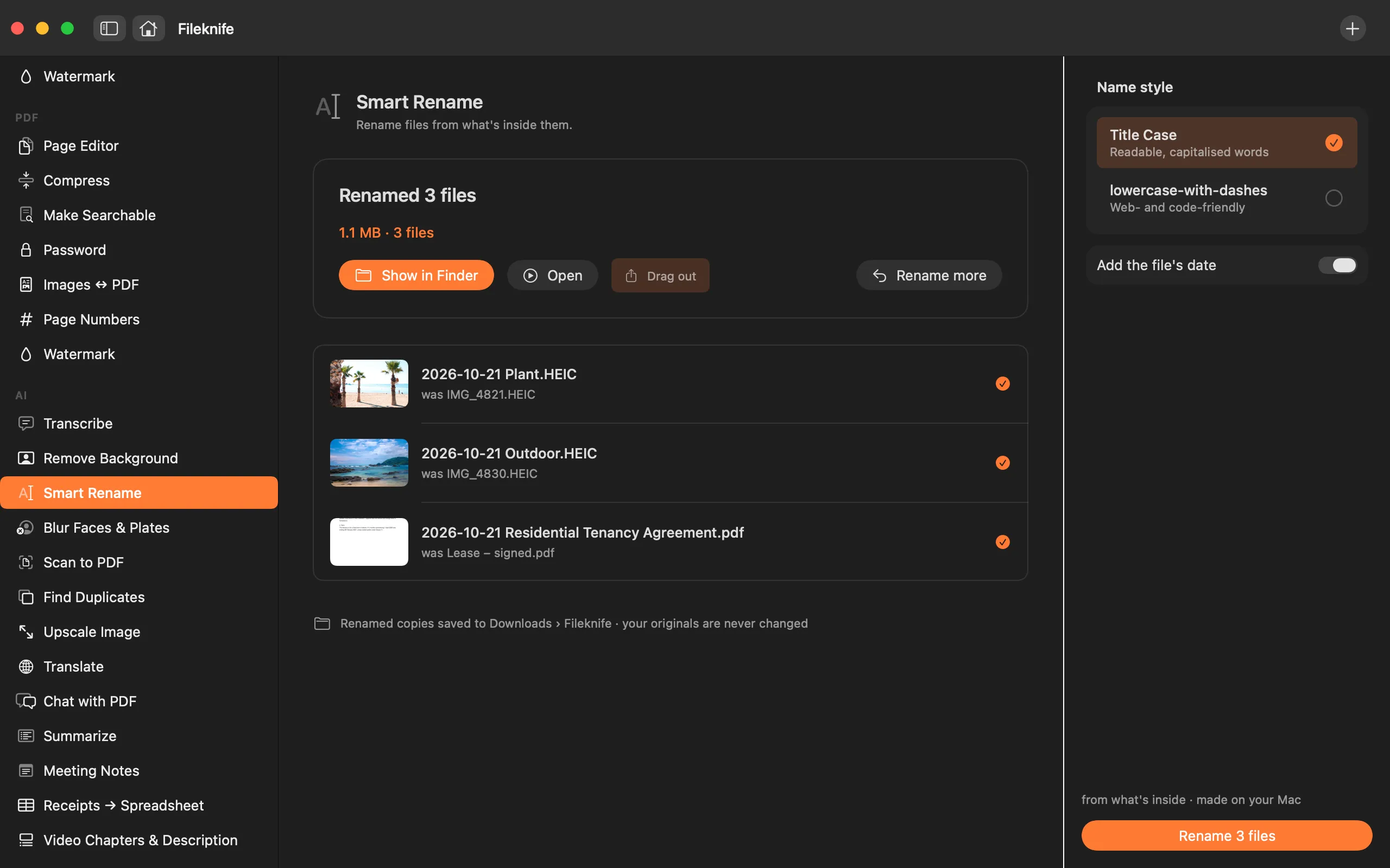 Fileknife showing Smart Rename.