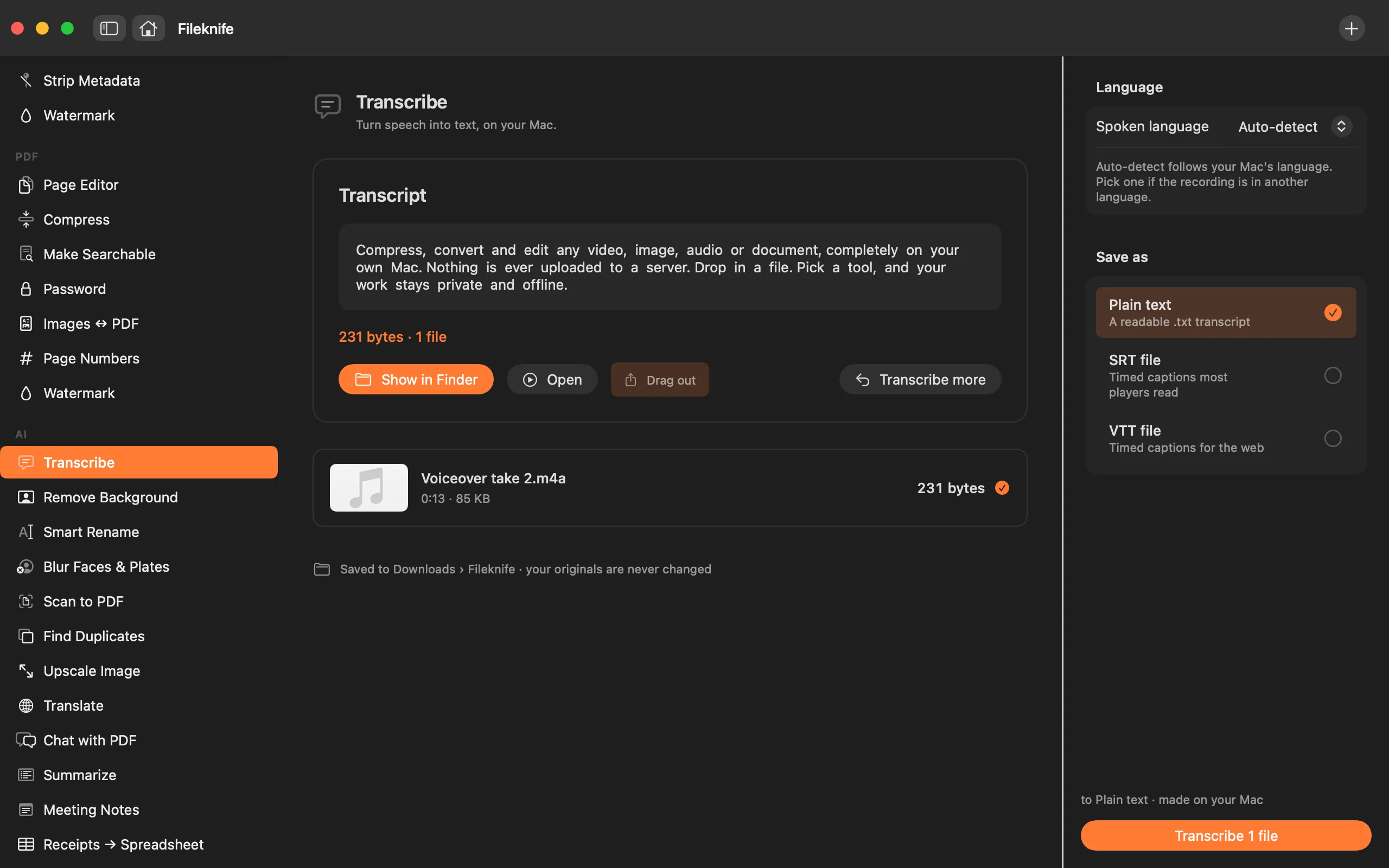 Fileknife showing Transcribe Audio.