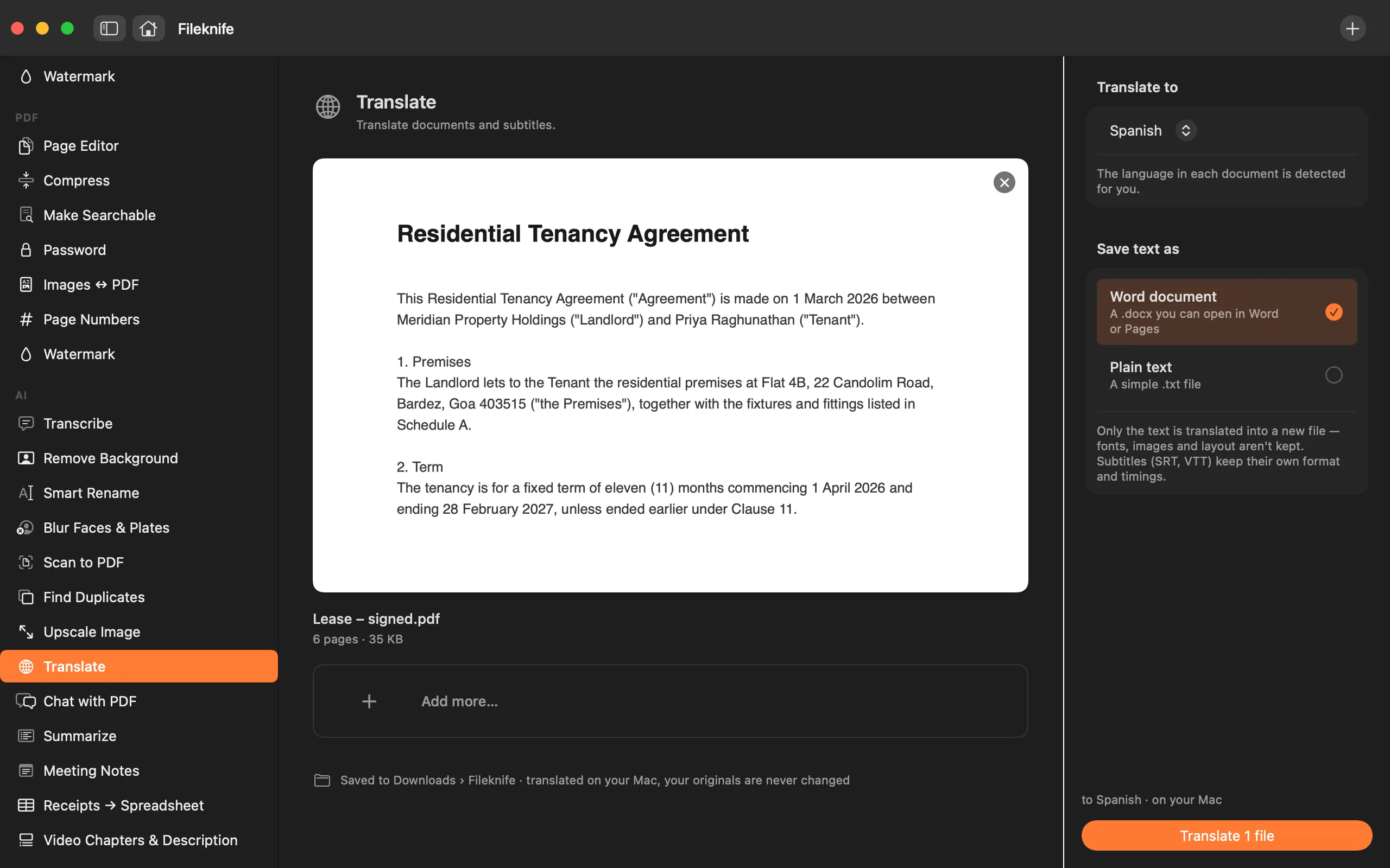 Fileknife showing Translate.