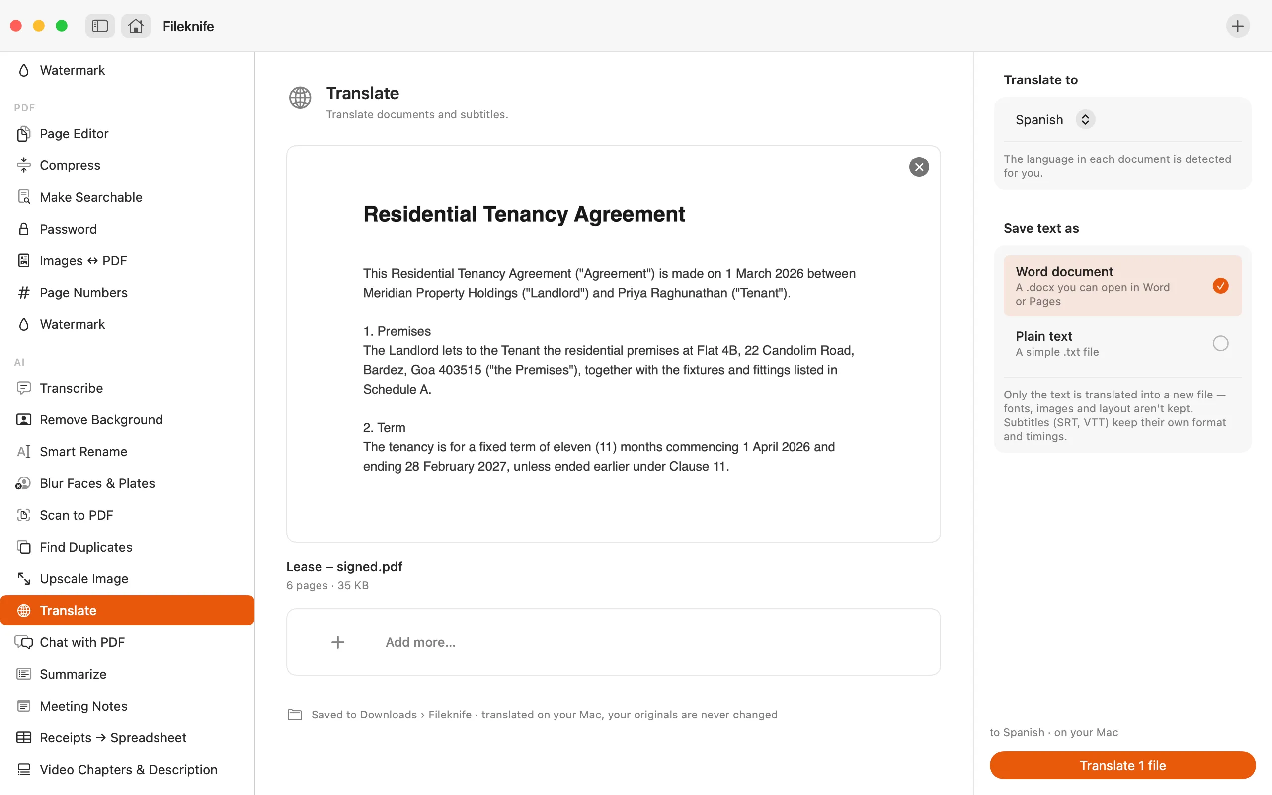 Fileknife showing Translate.