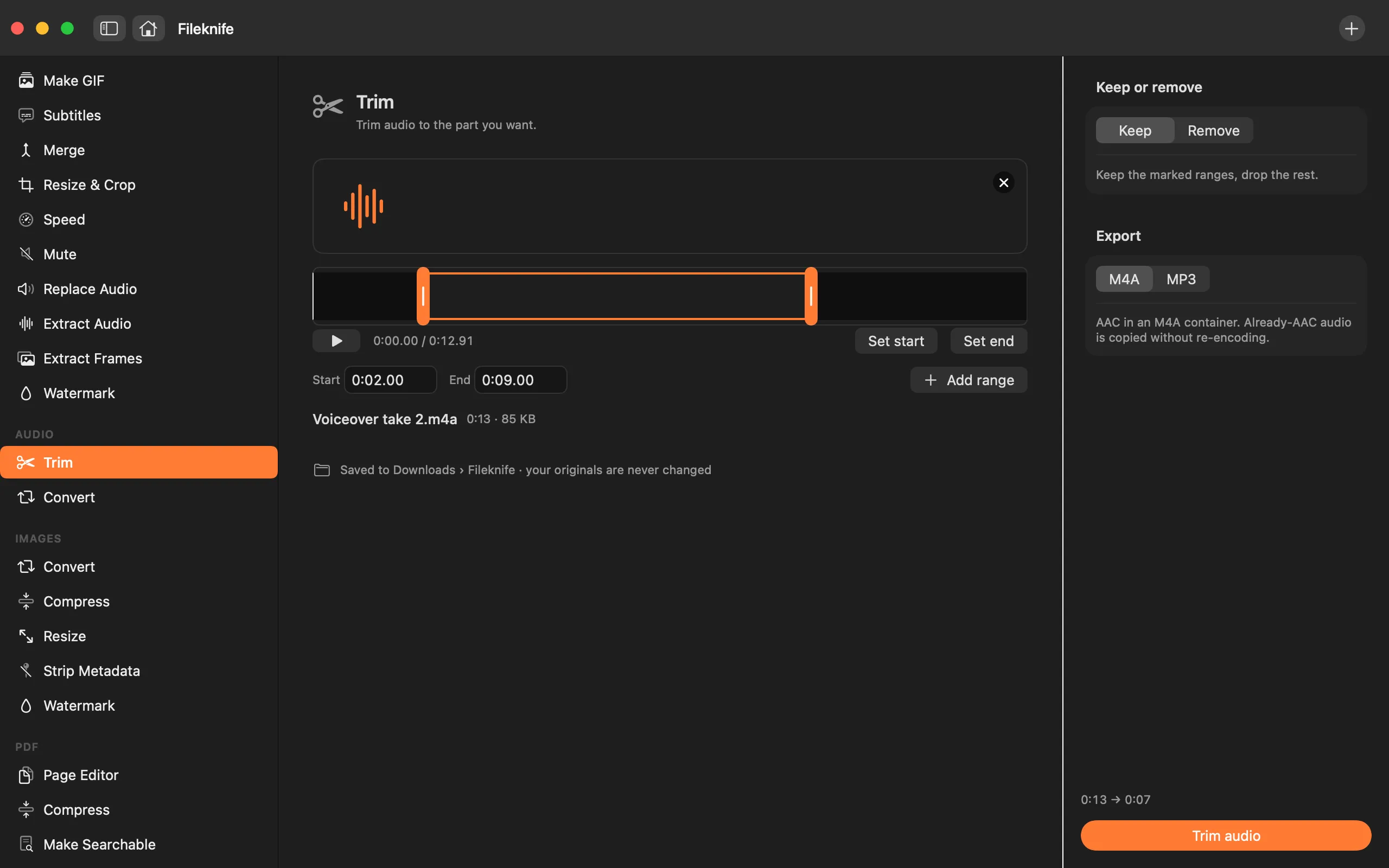 Fileknife showing Trim Audio.