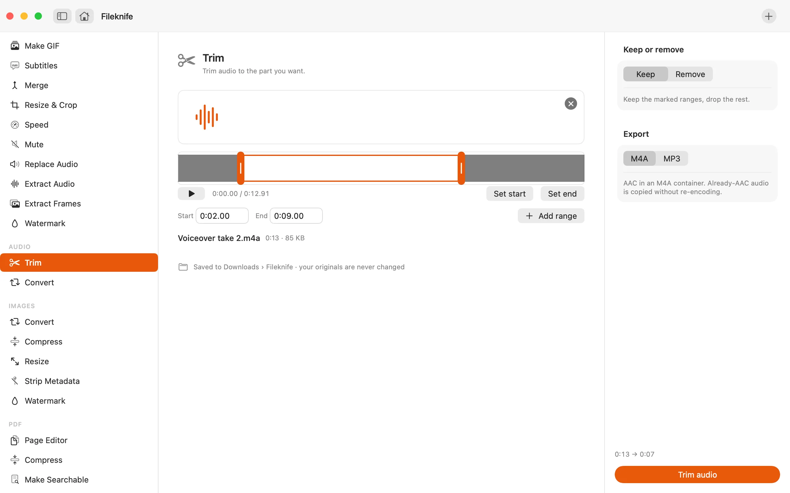 Fileknife showing Trim Audio.