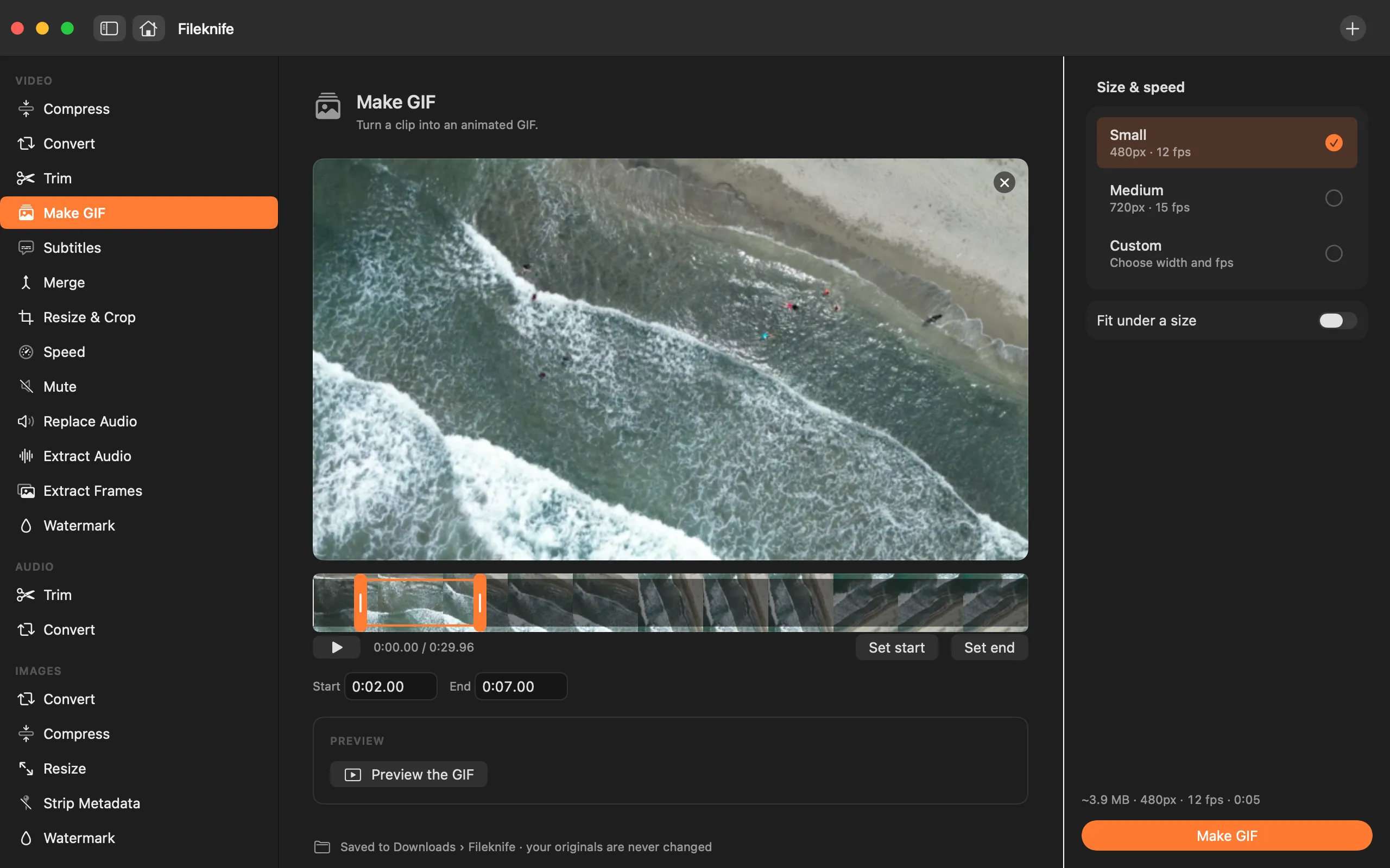 Fileknife turning a short clip into a GIF, with width and frame-rate options in the inspector.