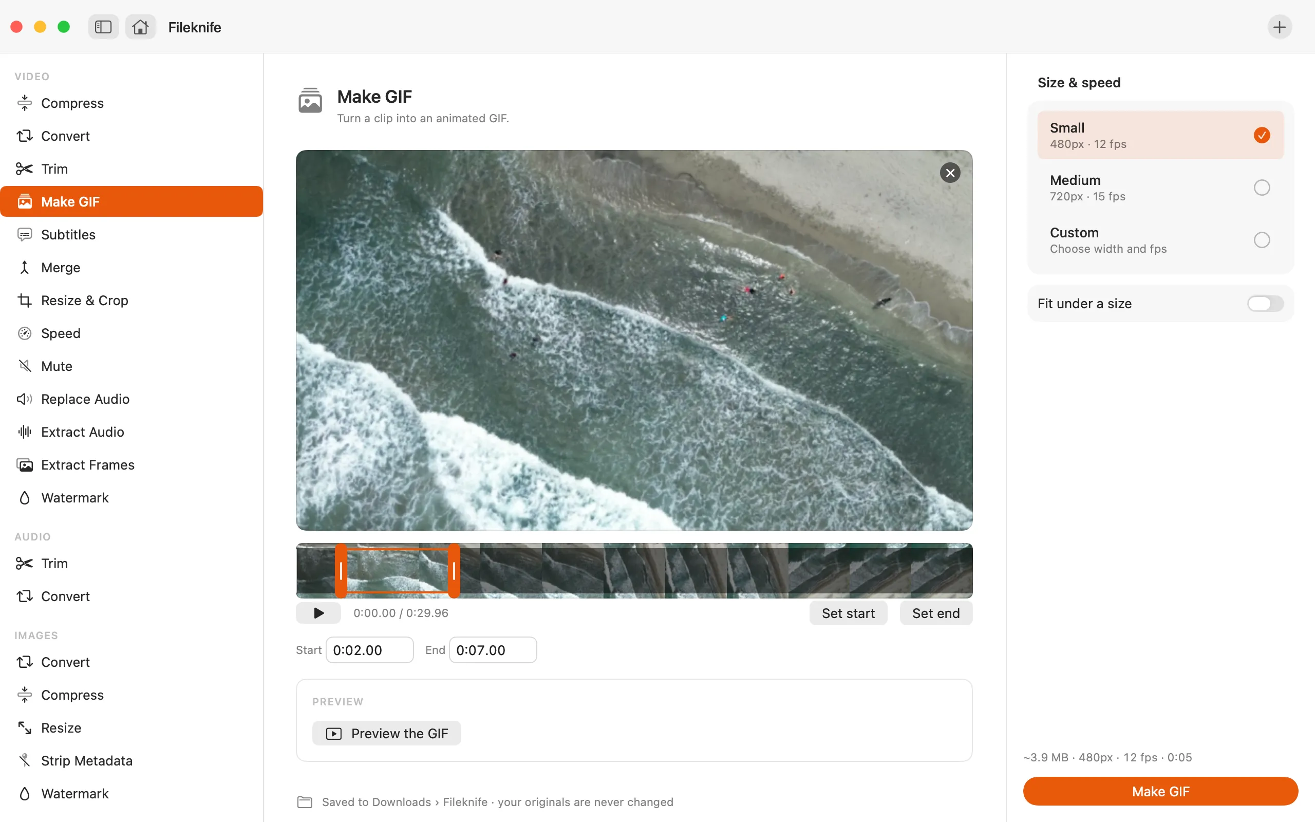 Fileknife turning a short clip into a GIF, with width and frame-rate options in the inspector.
