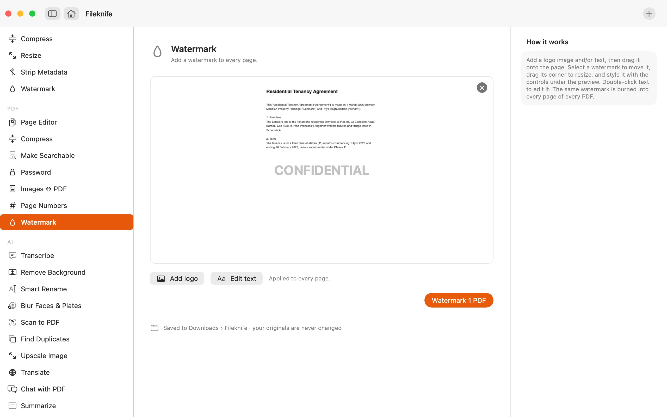 Fileknife showing Watermark PDF.