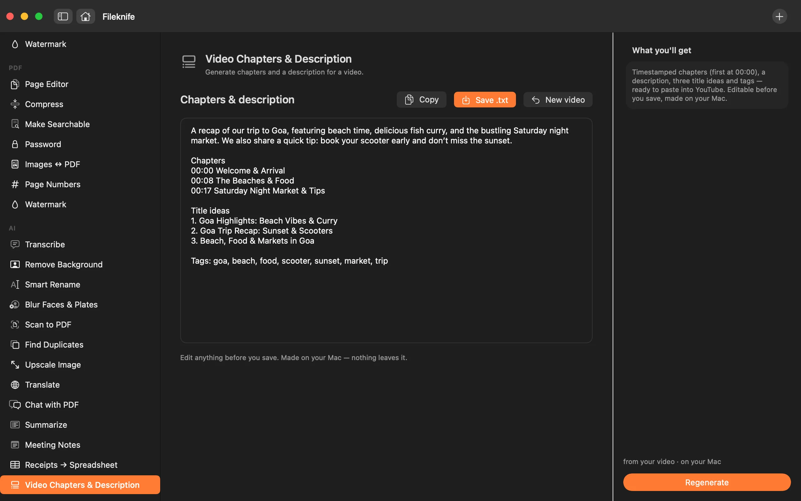 Fileknife showing Video Chapters & Description.