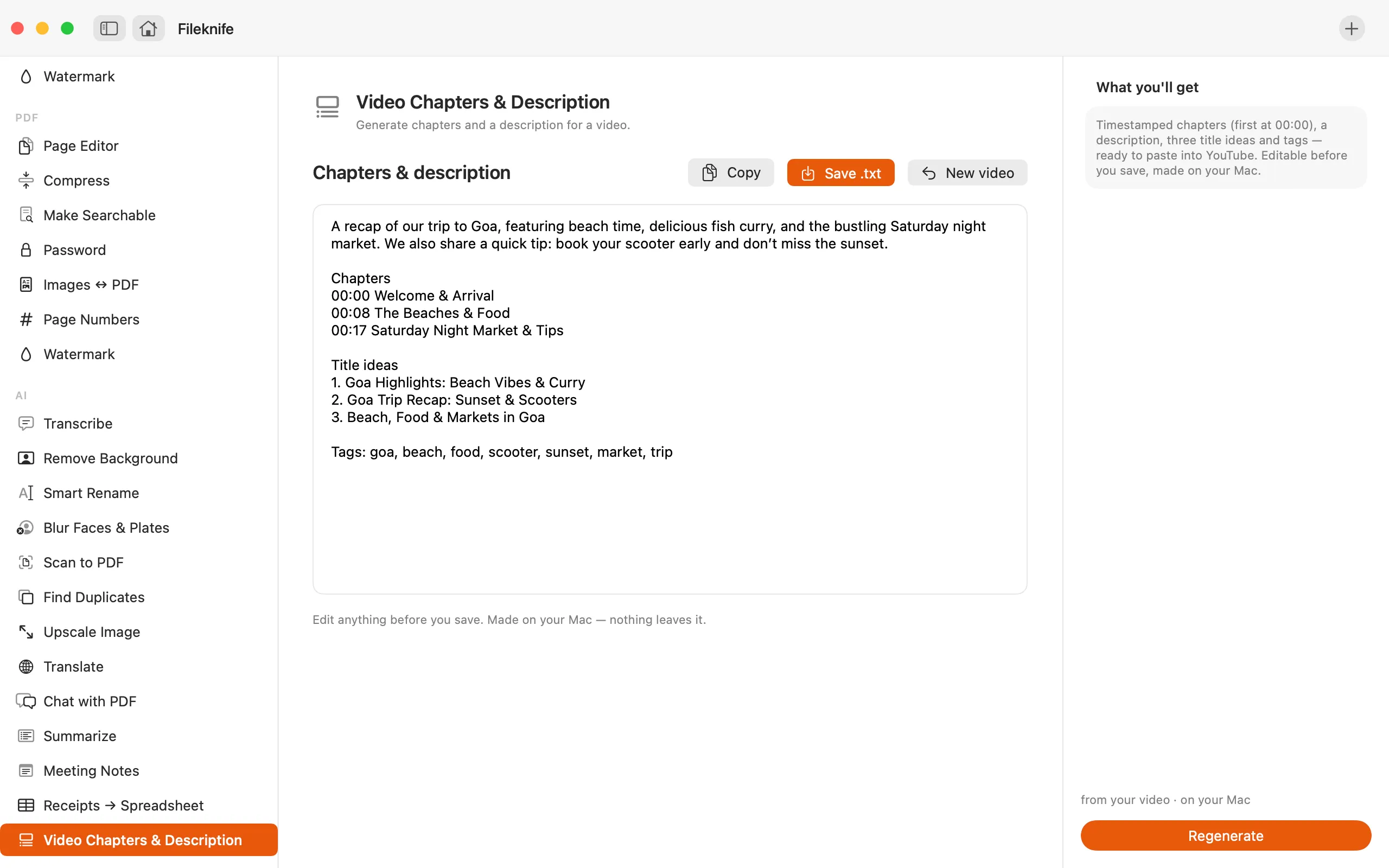Fileknife showing Video Chapters & Description.